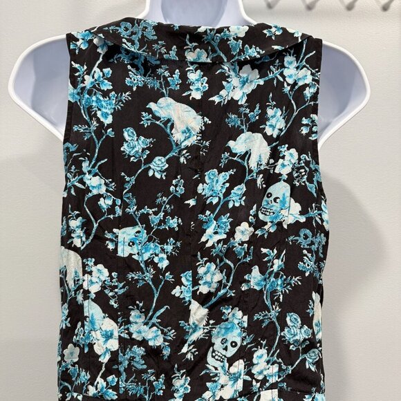 Betsey Johnson Silk Skull Floral Bird Print Dress Black Blue Whimsigoth Y2K SZ 8 - Picture 6 of 12